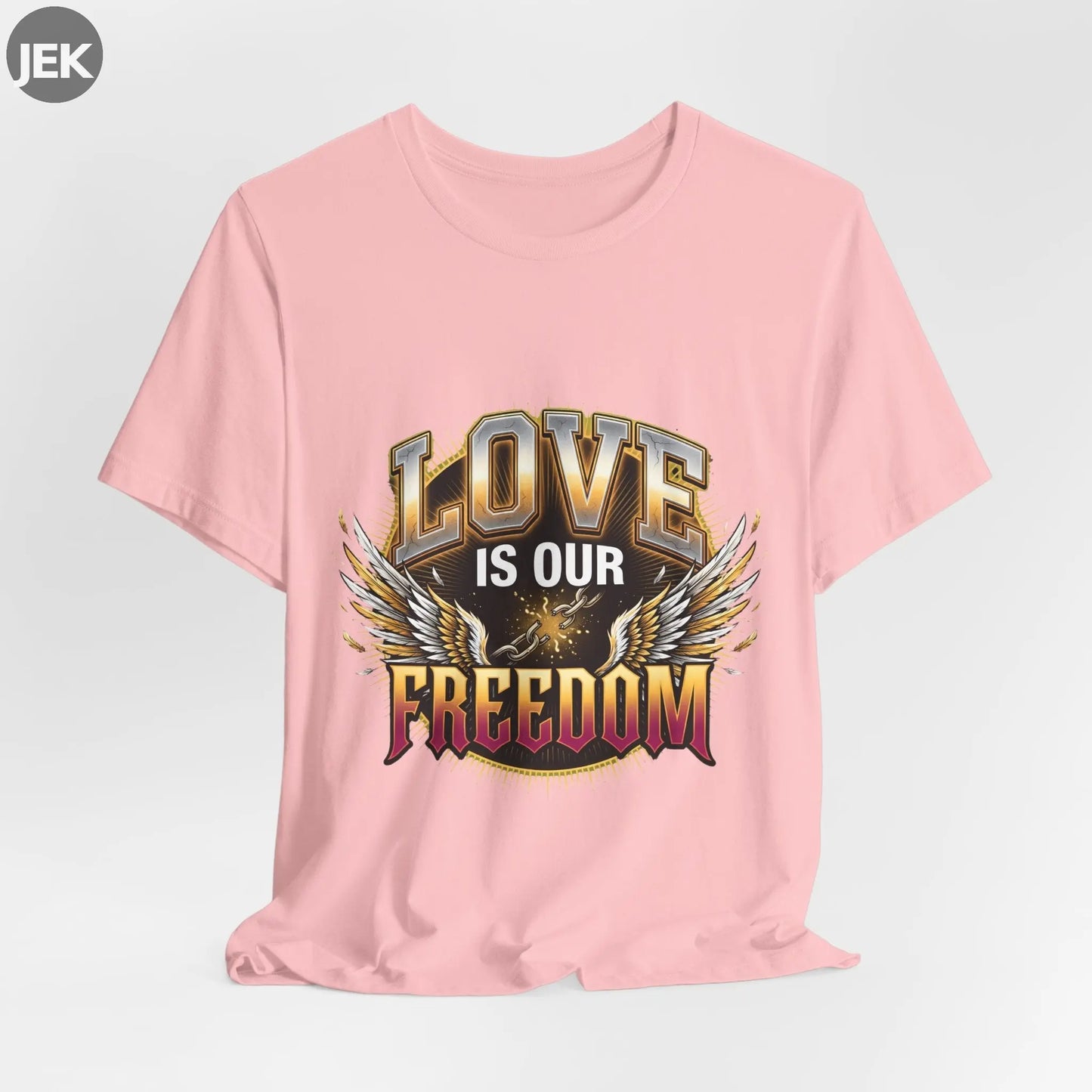 Love Is Our Freedom Tee with winged varsity lettering graphic on unisex shirt