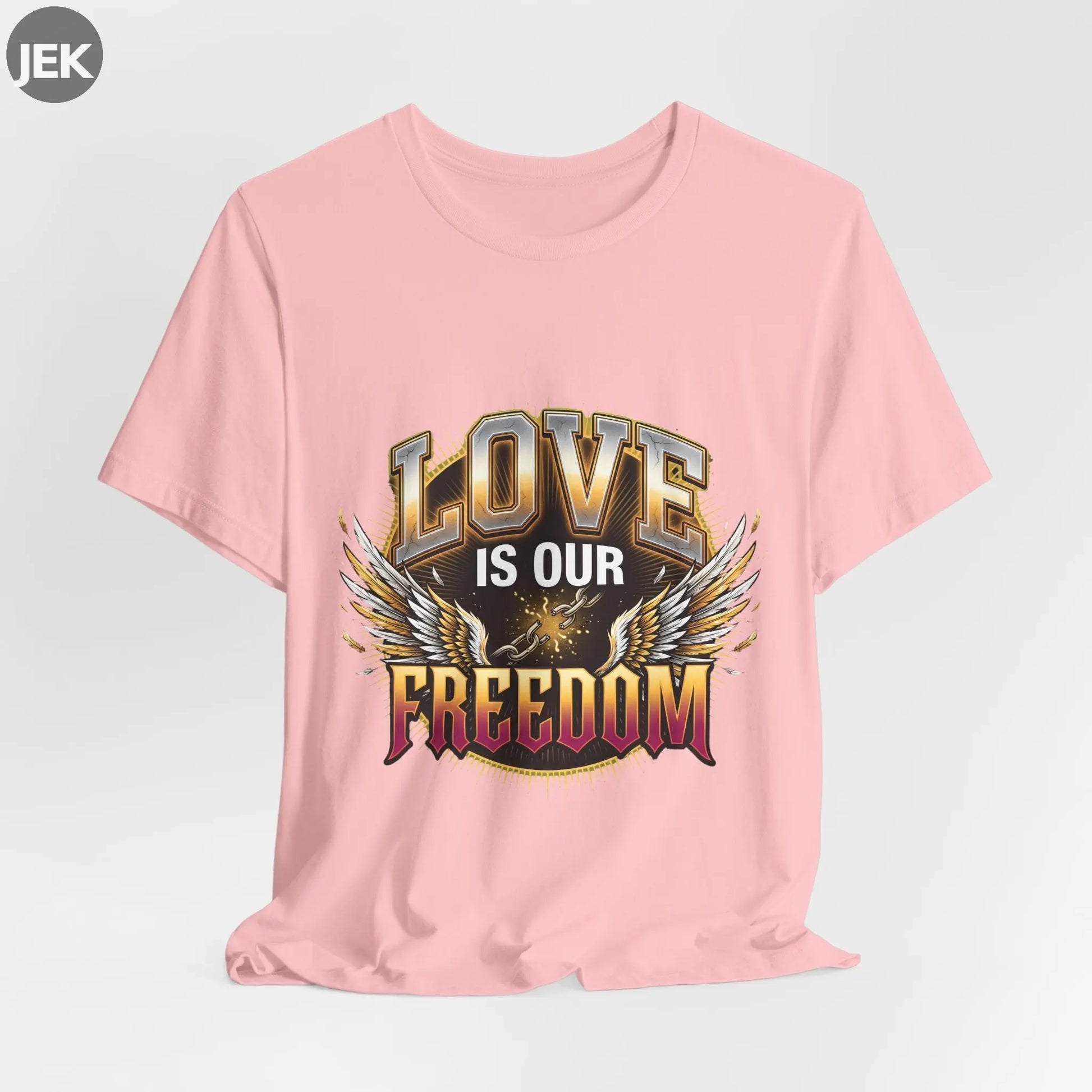 Love Is Our Freedom Tee with winged varsity lettering graphic on unisex shirt