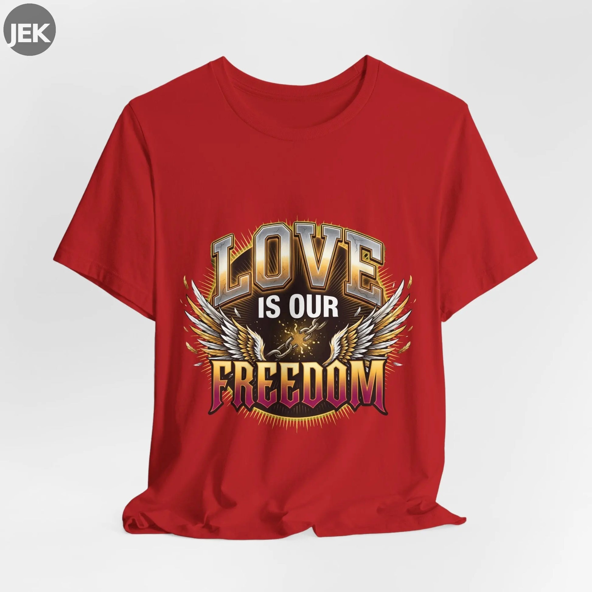 Love Is Our Freedom Tee with winged varsity lettering graphic on unisex shirt