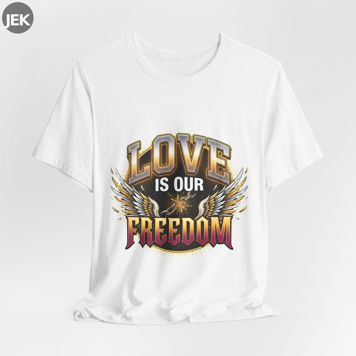 Love Is Our Freedom Tee with winged varsity lettering graphic on unisex shirt