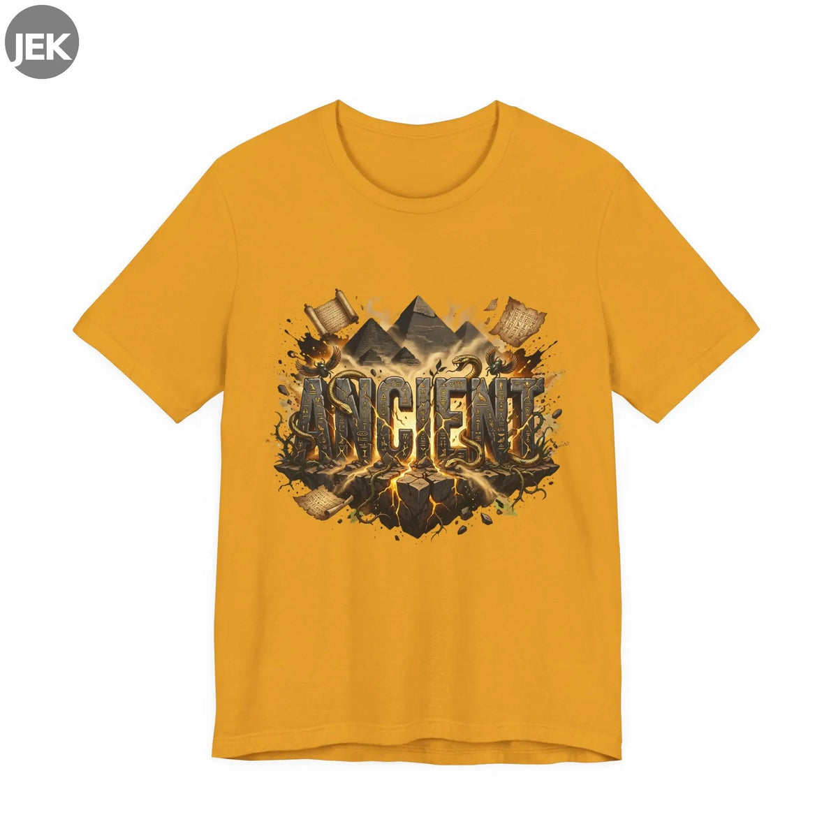 Ancient Gold Desert Tee with gold pyramid desert graphic on unisex shirt