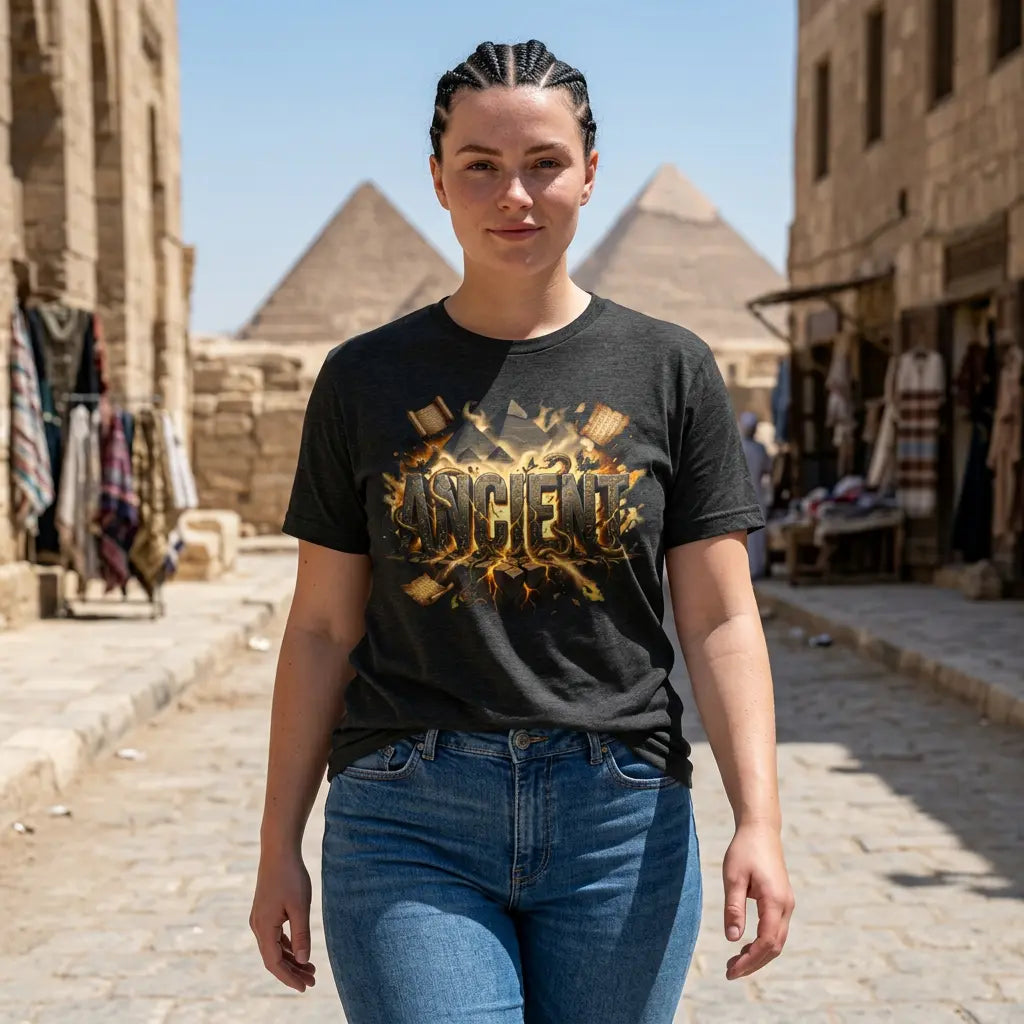 Ancient Gold Desert Tee with gold pyramid desert graphic on unisex shirt