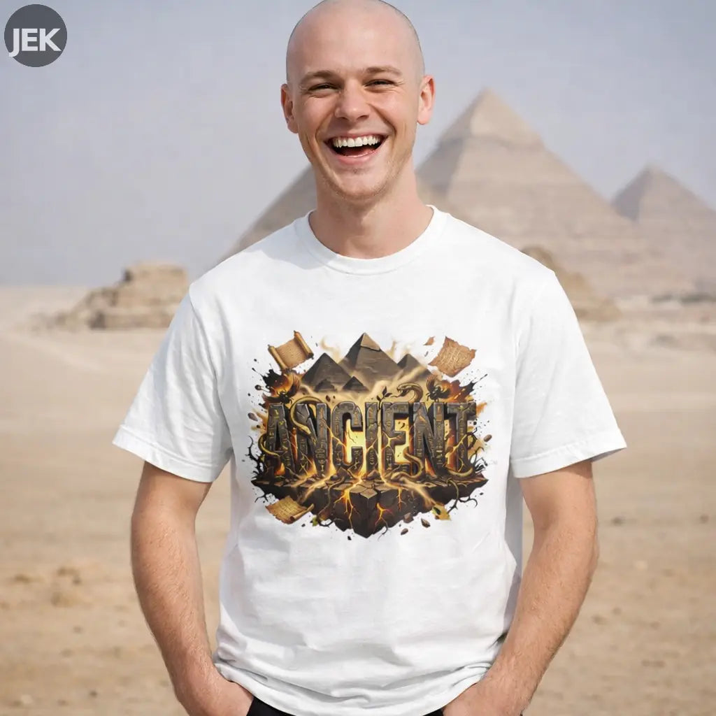 Ancient Gold Desert Tee with gold pyramid desert graphic on unisex shirt