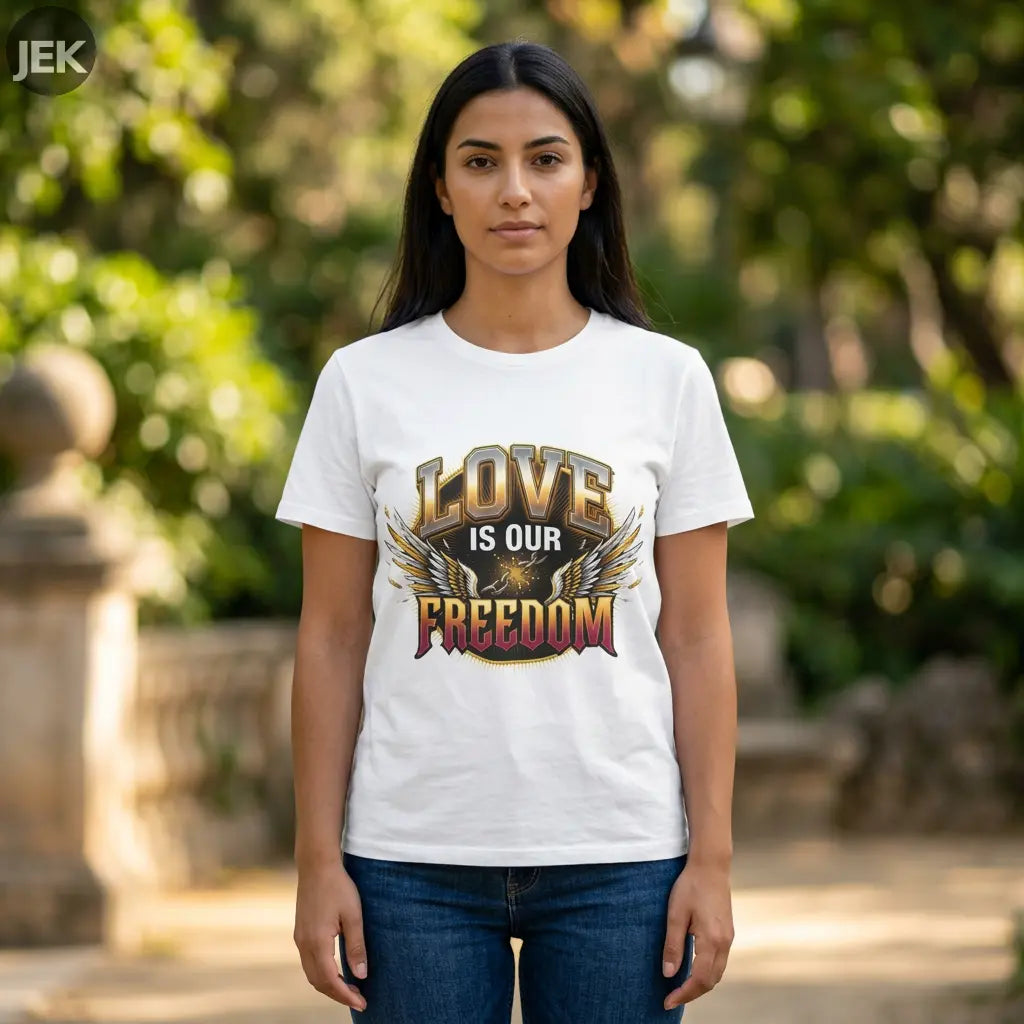 Love Is Our Freedom Tee with winged varsity lettering graphic on unisex shirt