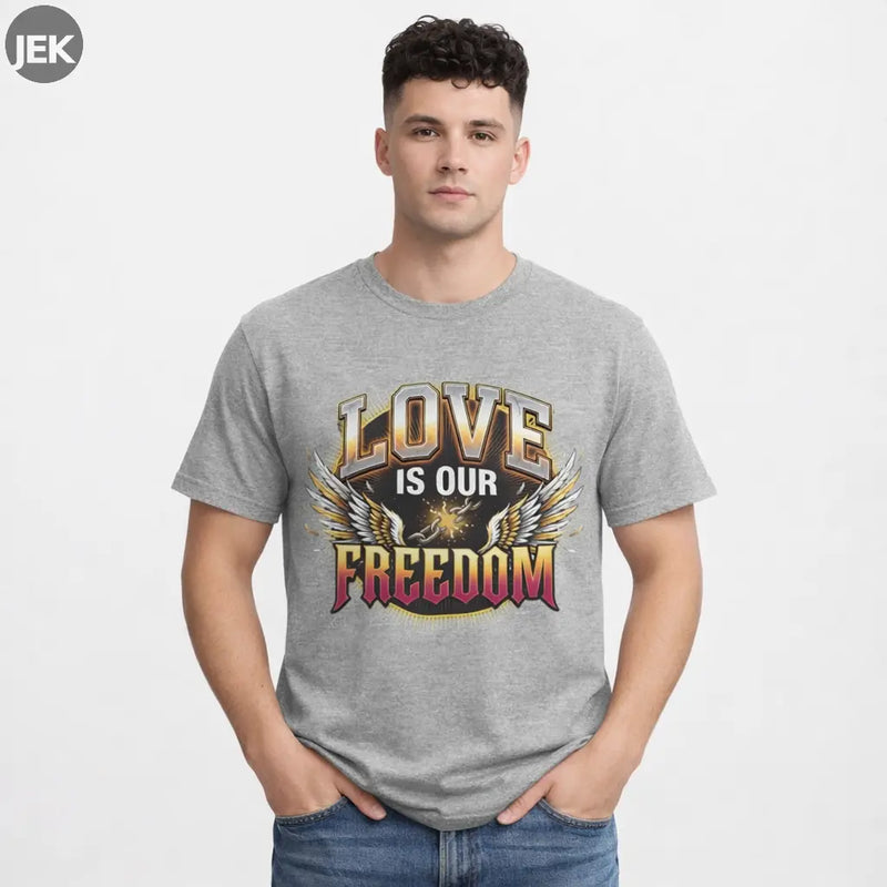 Love Is Our Freedom Tee with winged varsity lettering graphic on unisex shirt
