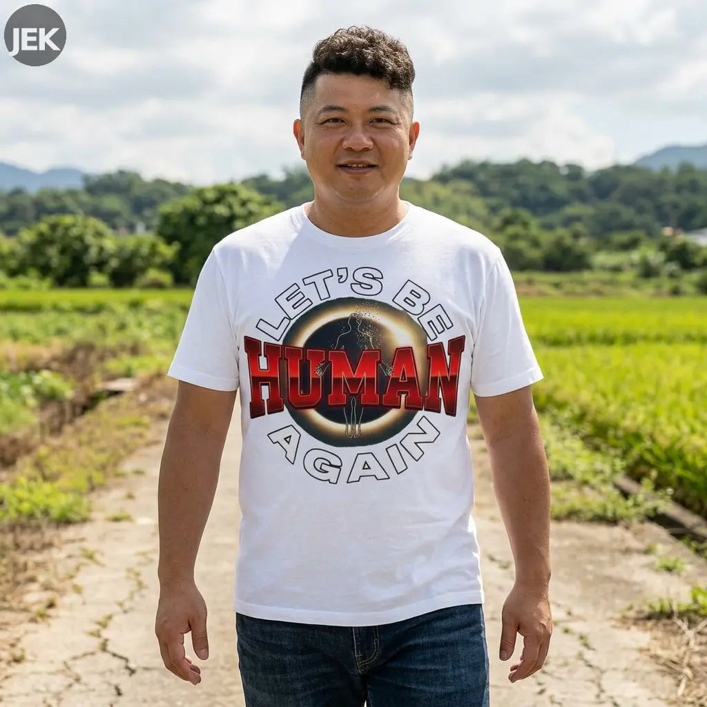Let’s Be Human Again Tee with peaceful pro-human message graphic on unisex shirt