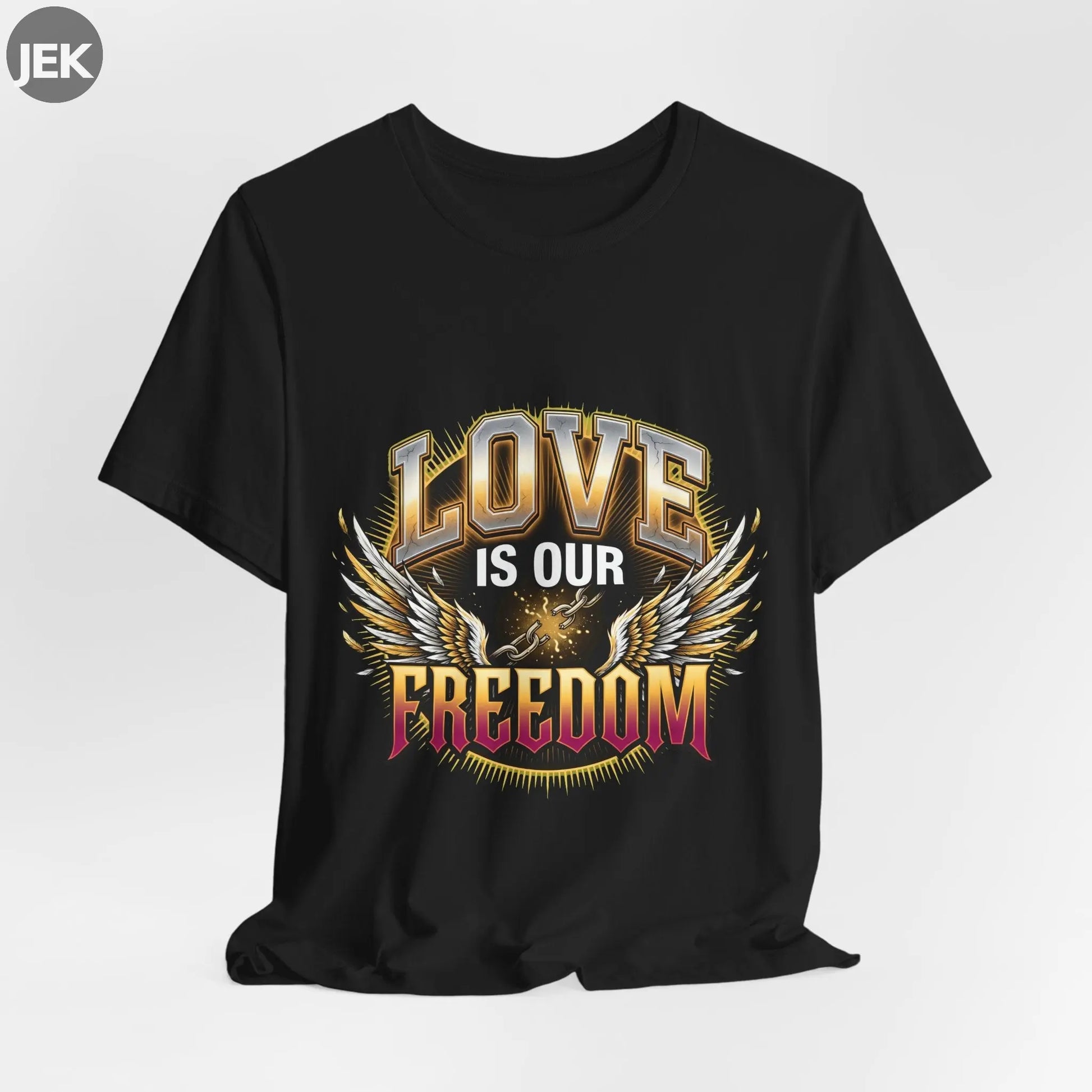 Love Is Our Freedom Tee with winged varsity lettering graphic on unisex shirt