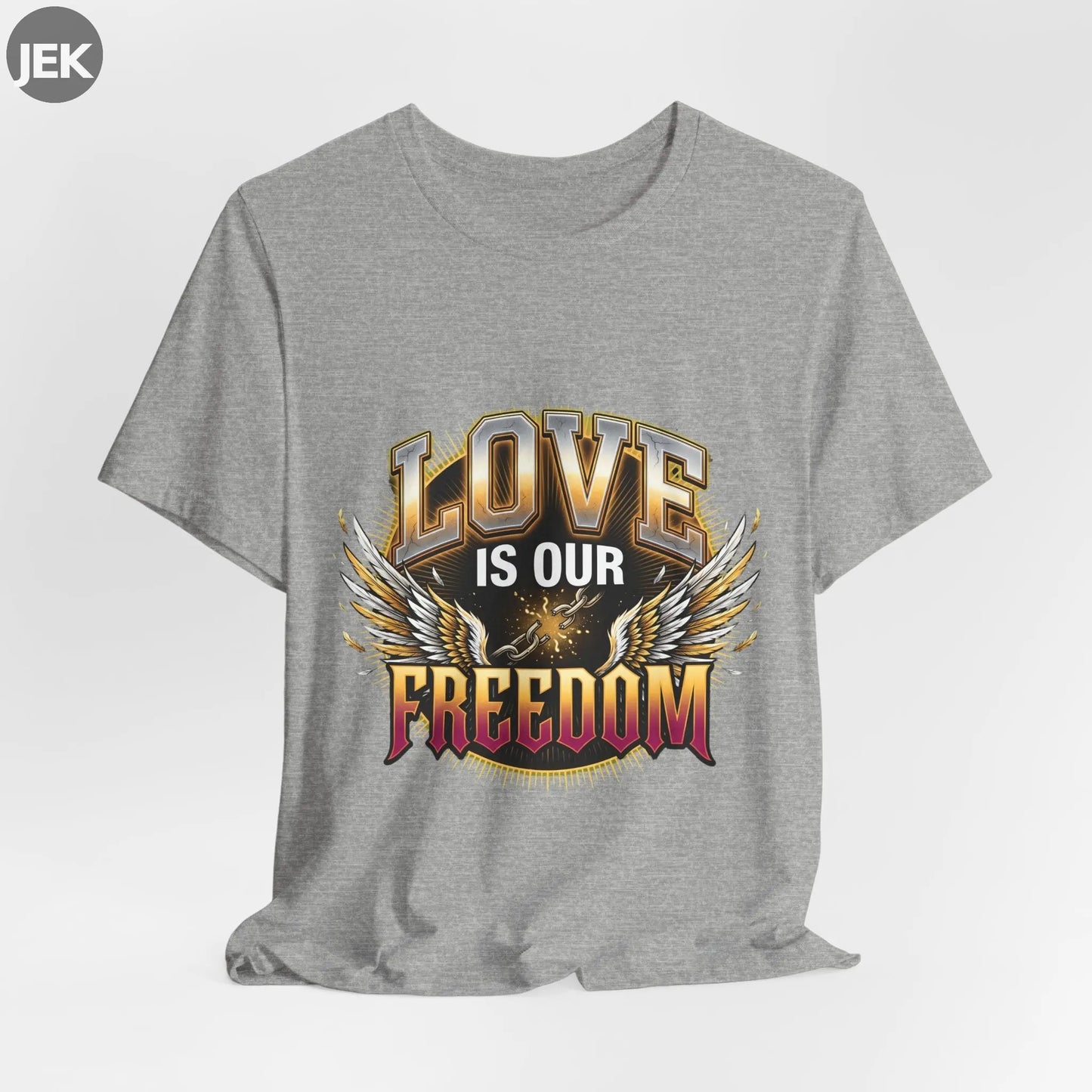 Love Is Our Freedom Tee with winged varsity lettering graphic on unisex shirt