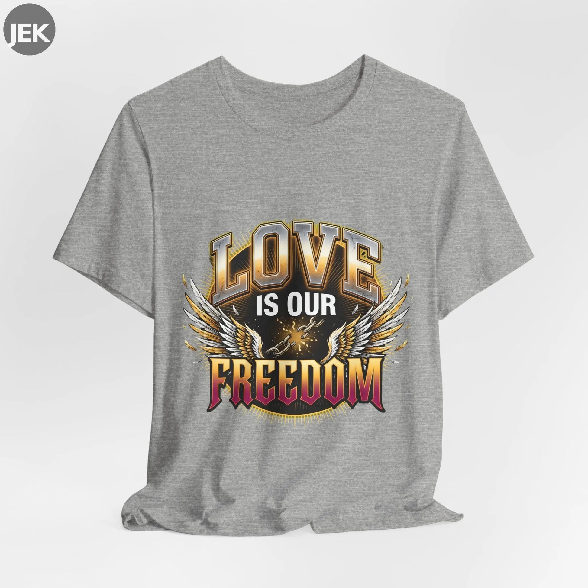 Love Is Our Freedom Tee with winged varsity lettering graphic on unisex shirt