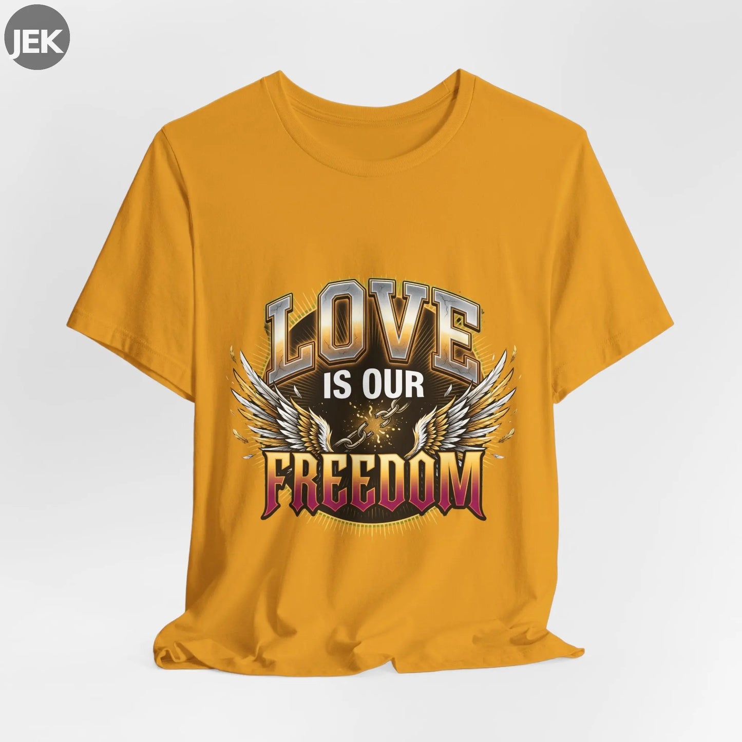 Love Is Our Freedom Tee with winged varsity lettering graphic on unisex shirt